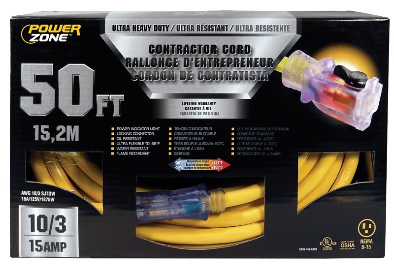CORD EXT 10/3 SJTOW X 50FT YEL