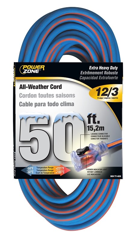CORD EXT 12/3X50FT BLU/ORG STP