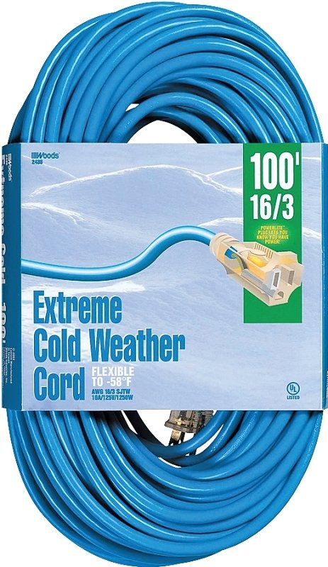 CORD EXT CLDFLX 16/3X100FT BLU