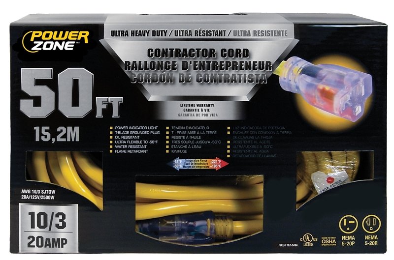 CORD EXT TBLD10/3X50FT 20A YEL
