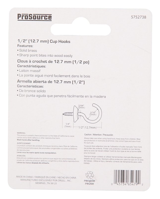 CUP HOOK SOLID BRASS 1/2IN    