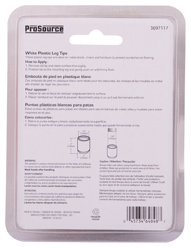 LEG TIP PLASTIC 7/8 INCH WHITE