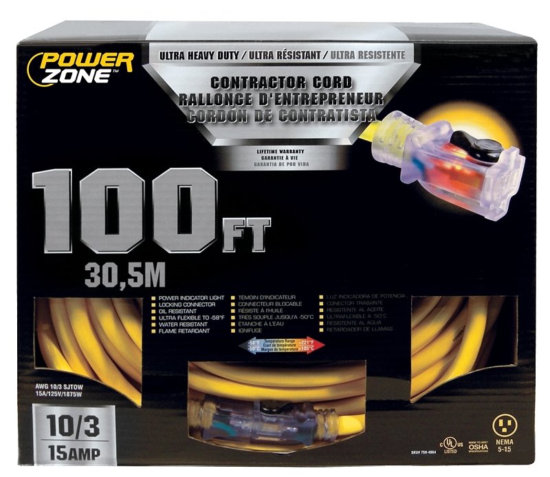CORD EXT 10/3SJTOW X 100FT YEL