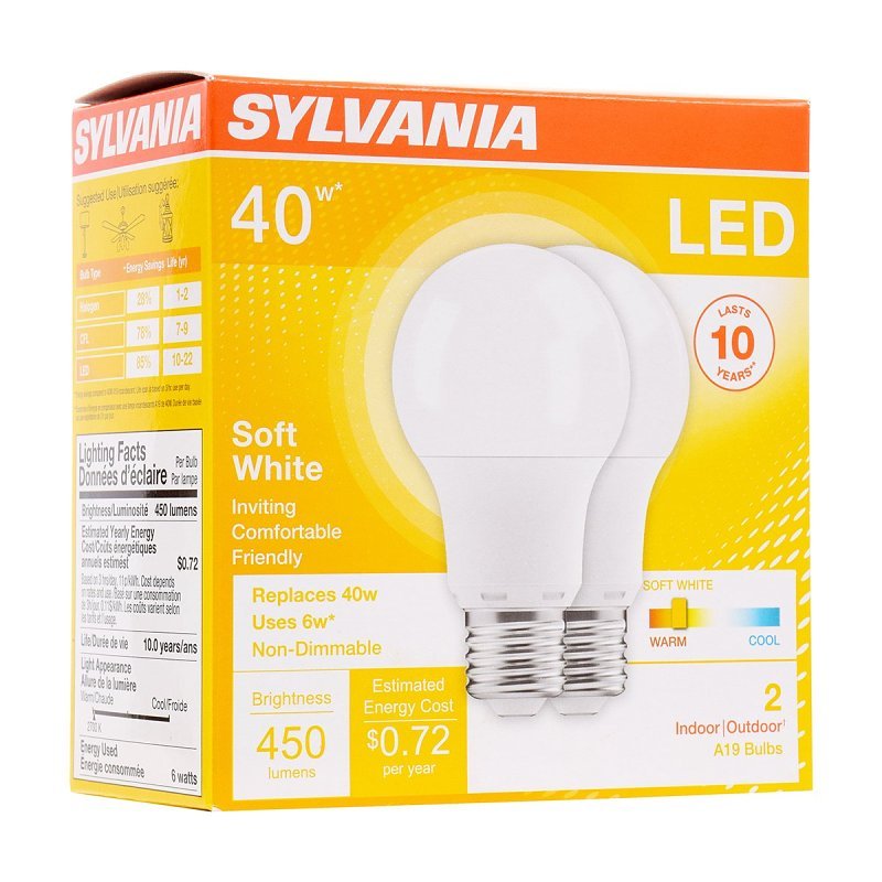 BULB LED 10YR 40W A19 27K 2PK 