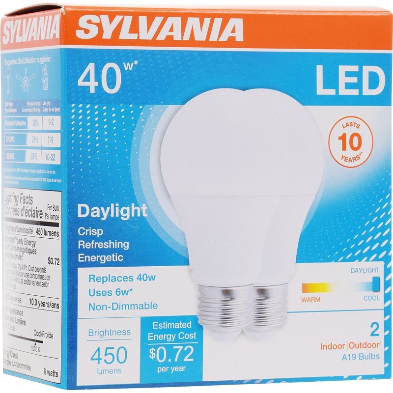 BULB LED 10YR 40W A19 5K 2PK  