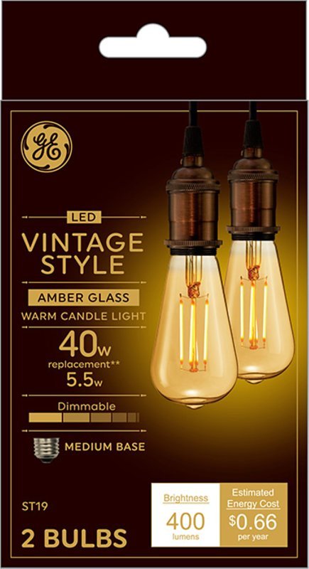 [7828510] GE 2pk 40W Style ST19 LED Edison Glass Light Bulbs Vintage Amber