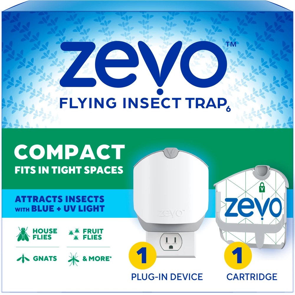 [7593262] Zevo Compact Flying Insect Indoor Fly Trap: Easy  Mess-Free Solution for Small Spaces - Light Trap Catches & Kills House Flies  Fruit Flies  Gnats  & 